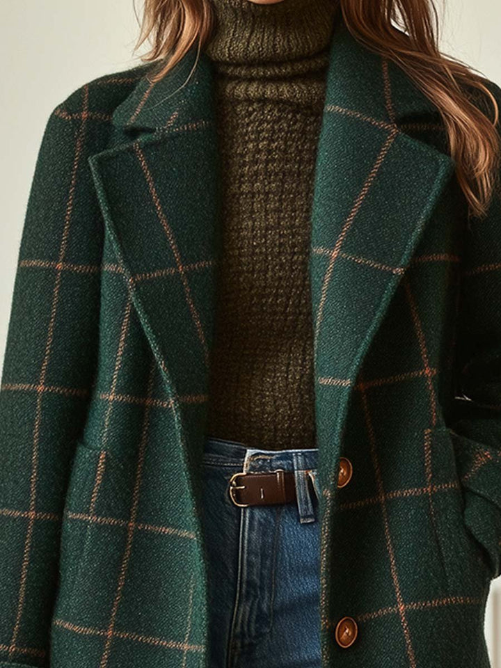 Chaqueta de Tweed a Cuadros con Solapa Vintage para Mujeres